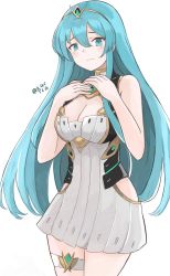 Rule 34 | 1girl, aqua hair, armor, blush, breasts, cape, cleavage, cosplay, dress, eirika (fire emblem), fire emblem, fire emblem: the sacred stones, hair ornament, highres, jewelry, kgctcg, long hair, looking at viewer, medium breasts, mythra (xenoblade), mythra (xenoblade) (cosplay), nintendo, simple background, solo, super smash bros., xenoblade chronicles (series), xenoblade chronicles 2