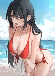 Rule 34 | 1girl, absurdres, ass, beach, bikini, black hair, breasts, collarbone, commentary request, day, hand towel, highres, horizon, jewelry, large breasts, lens flare, necklace, ocean, open mouth, orange bikini, original, outdoors, po ppe, purple eyes, red bikini, shore, side-tie bikini bottom, sunlight, sweat, swimsuit, thick thighs, thighs