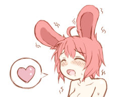 Rule 34 | 1girl, ahoge, animal ears, bad id, bad pixiv id, blush, breasts, closed eyes, greenteaneko, heart, highres, long hair, medium breasts, nora (greenteaneko), open mouth, original, out-of-frame censoring, rabbit ears, rabbit girl, red hair, sexually suggestive, simple background, solo, spoken heart, sweat, trembling, upper body