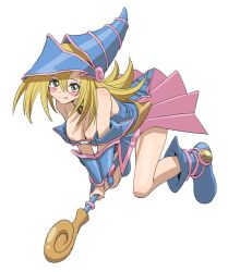 Rule 34 | 1girl, areola slip, bad id, bad twitter id, bare shoulders, blonde hair, blue footwear, blue hat, blush, blush stickers, boots, breasts, choker, cleavage, dark magician girl, duel monster, green eyes, hair between eyes, hat, highres, holding, holding wand, large breasts, long hair, looking at viewer, sincos, smile, solo, staff, wand, white background, wizard hat, yu-gi-oh!, yu-gi-oh! duel monsters