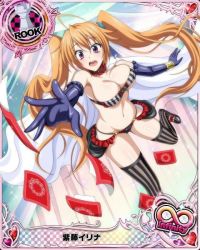 Rule 34 | 10s, 1girl, ahoge, artist request, black gloves, blonde hair, bracelet, breasts, cape, card (medium), character name, chess piece, cleavage, elbow gloves, gloves, high school dxd, high school dxd infinity, jewelry, large breasts, long hair, official art, open mouth, purple eyes, rook (chess), shidou irina, solo, striped clothes, striped thighhighs, thighhighs, trading card, twintails, vertical-striped clothes, vertical-striped thighhighs, very long hair