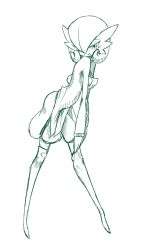 Rule 34 | 1girl, adjusting clothes, adjusting legwear, bracelet, breasts, creatures (company), female focus, full body, game freak, gardevoir, gen 3 pokemon, hair over one eye, half-closed eyes, happy, highres, jewelry, junjie-oyan, leaning forward, legs apart, looking at viewer, mega pokemon, mega stone, monochrome, nintendo, pokemon, pokemon (creature), short hair, simple background, sketch, skindentation, small breasts, smile, solo, standing, thighhighs, tongue, tongue out, white background
