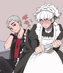 Rule 34 | 2boys, alternate costume, anger vein, apron, black dress, black jacket, blush, closed mouth, clothes lift, commentary request, creatures (company), desk, dress, dress lift, enmaided, frills, game freak, grey hair, guzma (pokemon), head rest, heart, jacket, lifting another&#039;s clothes, long sleeves, maid, maid headdress, male focus, multiple boys, nanu (pokemon), nintendo, nyoripoke, open clothes, open jacket, pants, pokemon, pokemon sm, red eyes, red shirt, shirt, short hair, sweat, white apron, white hair