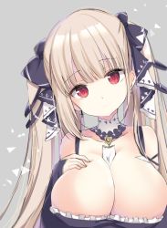 Rule 34 | 1girl, azur lane, breasts, choker, dress, earrings, formidable (azur lane), frilled dress, frills, grey background, hair between eyes, hamico, hand on own chest, jewelry, large breasts, long hair, looking at viewer, multicolored ribbon, red eyes, ribbon, shadow, silver hair, simple background, solo, twintails