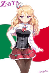 Rule 34 | 10s, 1girl, bad id, bad pixiv id, bare shoulders, blonde hair, breasts, character name, corset, hat, highres, italian flag, italy, kantai collection, large breasts, long hair, miniskirt, omoomomo, pantyhose, pleated skirt, purple eyes, skirt, solo, wavy hair, zara (kancolle)