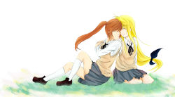 Rule 34 | 2girls, blonde hair, brown hair, couple, fate testarossa, forehead-to-cheek, grass, hair ornament, happy, highres, holding hands, long hair, lyrical nanoha, mahou shoujo lyrical nanoha, mahou shoujo lyrical nanoha a&#039;s, mokojin, multiple girls, nuzzle, ponytail, school uniform, simple background, smile, takamachi nanoha, uniform, very long hair, yuri