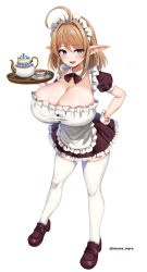 Rule 34 | 1girl, ahoge, apron, black bow, blue eyes, blush, bow, bowtie, breasts, buttons, cleavage, copyright request, cup, detached collar, drink, elf, female focus, frilled apron, frilled sleeves, frills, full body, hair intakes, hand on own hip, holding, holding tray, huge breasts, invisible floor, kikimora (succubus puttel), light brown hair, loafers, looking at viewer, maid, maid apron, maid headdress, marota, medium hair, pointy ears, shoes, short sleeves, sidelocks, simple background, smile, solo, standing, succubus puttel, teacup, teapot, thighhighs, tray, twitter username, waist apron, white apron, white background, white thighhighs, wing collar, wrist cuffs