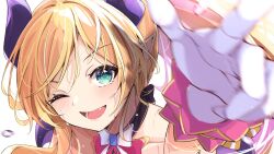 Rule 34 | 1girl, anbasa (amaneyuz13), blonde hair, blurry, blurry foreground, blush, bow, bowtie, demon girl, demon horns, fang, gloves, green eyes, heart, heart-shaped pupils, highres, hololive, hololive idol uniform, horns, long hair, looking at viewer, one eye closed, open mouth, outstretched arm, pointy ears, ponytail, portrait, reaching, reaching towards viewer, sidelocks, solo, sweat, symbol-shaped pupils, v, virtual youtuber, white gloves, yuzuki choco