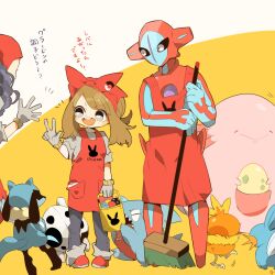 Rule 34 | 1girl, 6+others, apron, aron, broom, brown hair, chansey, cosplay, creatures (company), deoxys, deoxys (normal), expressionless, full body, game freak, gen 1 pokemon, gen 3 pokemon, gen 4 pokemon, gible, highres, holding, holding broom, looking at another, may (pokemon), mazeu, mudkip, multiple others, mythical pokemon, nintendo, open mouth, pokemon, pokemon (creature), pokemon breeder (pokemon), pokemon breeder (pokemon) (cosplay), pokemon oras, riolu, size difference, standing, tentacles, torchic, translation request