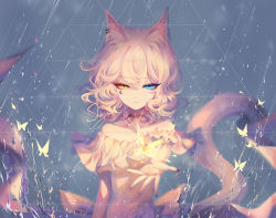 Rule 34 | 1girl, animal ears, artist name, bad id, bad pixiv id, bare shoulders, blue eyes, bug, butterfly, cat ears, commentary, dress, hair between eyes, heterochromia, highres, insect, looking at viewer, off-shoulder dress, off shoulder, original, reaching, reaching towards viewer, sheya, short hair, signature, silver hair, solo, symbol-only commentary, upper body, white dress, yellow eyes