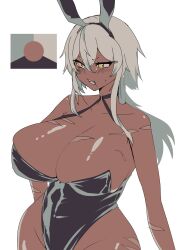 1girl animal_ears azareiya_0702 black_leotard breasts cleavage commentary_request cowboy_shot curvy dark-skinned_female dark_skin fake_animal_ears grey_hair hair_between_eyes highleg highleg_leotard highres huge_breasts leotard long_bangs long_hair manatsu_no_yo_no_inmu meme o-ring_collar original personification playboy_bunny rabbit_ears scar scar_on_arm scar_on_breasts simple_background solo thong_leotard v-shaped_eyebrows white_background wide_hips yellow_eyes yjsnpi_interview_(meme)