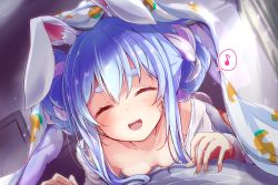 Rule 34 | 1boy, 1girl, alternate costume, animal ear fluff, animal ears, bad id, bad twitter id, bedroom, blanket, blue hair, blush, braid, braided bun, breasts, carrot print, cleavage, closed eyes, collarbone, commentary, dawn, double bun, food print, hair between eyes, hair bun, hair censor, hair over breasts, hair over one breast, highres, hololive, indoors, light blue hair, looking at viewer, lying, lying on person, medium hair, multicolored hair, musical note, nanaume (shichimi tougarashi), off shoulder, on stomach, one breast out, open mouth, pov, rabbit ears, rabbit girl, rabbit tail, shirt, sidelocks, sleepwear, small breasts, smile, solo focus, spoken musical note, sunlight, tail, thick eyebrows, two-tone hair, under covers, usada pekora, virtual youtuber, waking another, white hair, white shirt, wrist cuffs