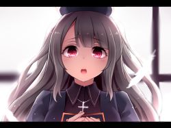 Rule 34 | 1girl, backlighting, black hat, blush, brown hair, cross, cross necklace, feathers, hands on own chest, hat, jewelry, letterboxed, long hair, looking at viewer, minai karte, necklace, neit ni sei, pendant, pink eyes, solo, tareme, teeth, two side up, upper body, upper teeth only, virtual youtuber