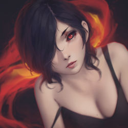 Rule 34 | 1girl, bare shoulders, black hair, black sclera, black shirt, blouse, breasts, cleavage, colored sclera, commentary request, face, fire, hair over one eye, highres, kirishima touka, lips, looking at viewer, medium breasts, miura-n315, off shoulder, one eye covered, parted lips, realistic, red eyes, shirt, short hair, solo, tokyo ghoul