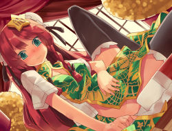 Rule 34 | 1girl, alternate costume, black thighhighs, blue eyes, blush, braid, breasts, bun cover, chinese clothes, cleavage, cleavage cutout, clothing cutout, curtains, double bun, dragon, dutch angle, female focus, hair bun, hair ornament, hair ribbon, hand on own stomach, hong meiling, legs folded, long hair, looking at viewer, lying, mikan (bananoha), naked tabard, no headwear, no headwear, no panties, patterned, red hair, ribbon, short sleeves, solo, star (symbol), star hair ornament, tabard, thighhighs, touhou, twin braids, window