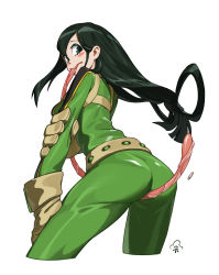 Rule 34 | 10s, 1girl, absurdres, ass, asui tsuyu, belt, between buttocks, blush stickers, bodysuit, boku no hero academia, chen zhang, from behind, from below, gloves, green bodysuit, green eyes, green hair, hair rings, highres, long hair, long tongue, looking back, low-tied long hair, oversized gloves, saliva, simple background, solo, tongue, uniform, very long hair, very long tongue, white background
