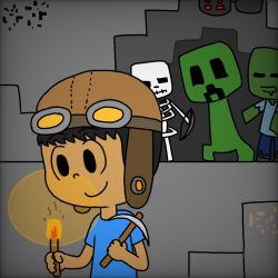 Rule 34 | 4boys, bow (weapon), child, creeper, male focus, minecraft, monster, multiple boys, pickaxe, skeleton, smile, steve (minecraft), torch, weapon, zombie