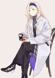 Rule 34 | 1girl, aqua eyes, black footwear, blonde hair, blue hairband, boots, chair, coat, crossed legs, cup, hairband, high heel boots, high heels, highres, holding, holding cup, holding saucer, ichiroku (sakumogu-029), kantai collection, long hair, long sleeves, looking at viewer, mole, mole under eye, mug, nail polish, official alternate costume, open clothes, open coat, pants, richelieu (kancolle), saucer, simple background, sitting, solo, sweater, turtleneck, turtleneck sweater