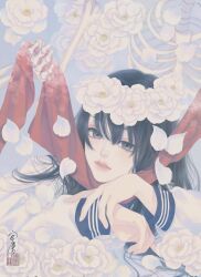Rule 34 | 1girl, arm support, black hair, camellia, flower, flower wreath, grey eyes, head wreath, highres, long hair, long sleeves, looking at viewer, lying, on stomach, original, parted lips, petals, red scarf, sailor collar, sailor shirt, scarf, seal impression, shirt, signature, skeleton, solo, straight hair, suicide, upper body, ushiyama ame, white flower, white shirt