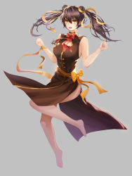 Rule 34 | :o, absurdres, barefoot, brown dress, brown hair, china dress, chinese clothes, double bun, dress, full body, grey background, highres, jewelry, necklace, solo, twintails, v arms, yagyun, yellow eyes