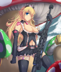 Rule 34 | 1girl, ? block, anti-materiel rifle, blonde hair, blue eyes, breasts, cleavage, elbow gloves, frills, gloves, gun, hair over one eye, jewelry, large breasts, latex, latex gloves, lingerie, long hair, mario (series), mushroom, navel, necklace, nintendo, princess peach, public indecency, public vibrator, rifle, s-pot, sex toy, sniper rifle, solo, super mario galaxy, thighhighs, tiara, underwear, vibrator, vibrator in thighhighs, weapon