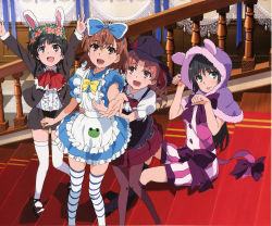 Rule 34 | 4girls, absurdres, alice in wonderland, animal ears, animal hood, apron, arms up, black hair, blue eyes, blush, bow, brown eyes, brown hair, capelet, cat hood, checkered floor, cosplay, facing viewer, fake animal ears, flower, flower wreath, groping, hair bow, hair flower, hair ornament, hands up, happy, hat, head wreath, headwear request, height difference, highres, hood, hood up, hug, hug from behind, indoors, long hair, long sleeves, looking at another, looking at viewer, looking up, maid, maid apron, matching hair/eyes, misaka mikoto, multiple girls, official art, open mouth, outstretched arm, outstretched arms, outstretched hand, paw pose, pink eyes, rabbit ears, red hair, ribbon, room, saten ruiko, shirai kuroko, shirt, shoes, short hair, short sleeves, sitting, skirt, smile, stairs, standing, striped legwear, thighhighs, toaru kagaku no railgun, toaru majutsu no index, tongue, tongue out, uiharu kazari, wall, white shirt