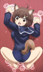 Rule 34 | 1girl, ahoge, ass, blush, brave witches, breasts, brown eyes, brown hair, climbing, dress, hair ornament, hairclip, hosoinogarou, karibuchi hikari, large breasts, looking at viewer, looking back, military, military uniform, open mouth, sailor dress, school swimsuit, short hair, solo, swimsuit, uniform, world witches series