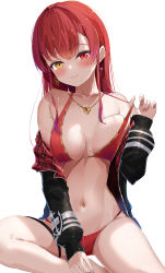 Rule 34 | 1girl, absurdres, anchor print, bikini, bikini pull, black jacket, blush, breasts, closed mouth, clothes pull, collarbone, earrings, gold earrings, gold necklace, gold trim, heart, heart earrings, heart necklace, heterochromia, highres, hololive, houshou marine, houshou marine (summer), jacket, jewelry, long hair, looking at viewer, medium breasts, navel, necklace, off shoulder, pulled by self, red bikini, red eyes, red hair, simple background, sitting, solo, stomach, straight hair, strap pull, swimsuit, thigh strap, thighs, virtual youtuber, white background, yamamoto (ymmt is sexy), yellow eyes