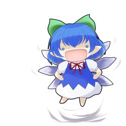 Rule 34 | 10s, 1girl, :d, blue eyes, blue hair, bow, cirno, cosplay, dress, fairy, fairy (jintai), fairy (jintai) (cosplay), flying, hair bow, hands on own hips, ice, ice wings, jinrui wa suitai shimashita, looking at viewer, matching hair/eyes, open mouth, pointy ears, ribbon, short hair, simple background, smile, solo, touhou, white background, wings, yume shokunin