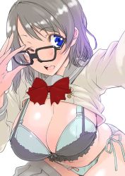 Rule 34 | 10s, 1girl, bespectacled, black-framed eyewear, blue eyes, bra, breasts, brown hair, cleavage, clothes lift, commentary, glasses, large breasts, looking at viewer, love live!, love live! sunshine!!, midriff, navel, one eye closed, open mouth, panties, partially undressed, pleated skirt, reaching, reaching towards viewer, school uniform, selfie, serafuku, shinama, shirt lift, short hair, side-tie panties, skirt, solo, underwear, watanabe you