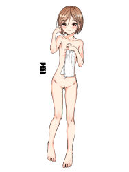 1girl barefoot blush breasts brown_hair commentary_request completely_nude covering_privates female_pubic_hair full_body hamao highres holding holding_towel looking_at_viewer nipples nude nude_cover original pink_eyes pubic_hair short_hair simple_background small_breasts smile solo toes towel white_background