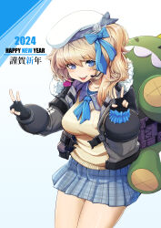 Rule 34 | 1girl, 2024, absurdres, animal bag, backpack, bag, beret, black gloves, blonde hair, blue bow, blue eyes, blush, bow, cardigan, cowboy shot, double v, fingerless gloves, fur-trimmed jacket, fur trim, girls&#039; frontline, girls&#039; frontline 2: exilium, gloves, hair bow, happy new year, hat, highres, ichi illust001, jacket, long hair, looking at viewer, new year, open clothes, open jacket, open mouth, plaid, plaid skirt, pleated skirt, skirt, smile, teeth, upper teeth only, v, vepley (girls&#039; frontline 2), white headwear, yellow cardigan