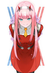 Rule 34 | 1girl, ai-assisted, aqua eyes, arms behind back, blunt bangs, breasts, closed mouth, commentary, cowboy shot, darling in the franxx, hairband, highres, horns, leaning forward, long hair, looking at viewer, matsu homura, medium breasts, military, military uniform, necktie, oni horns, orange necktie, pink hair, red horns, smile, solo, standing, straight-on, uniform, white background, white hairband, zero two (darling in the franxx)