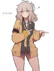 Rule 34 | 1girl, bandaid, bandaid on clothes, black shirt, blue eyes, blush, breasts, cardigan, collared shirt, commentary request, cowboy shot, hand up, jacket, jewelry, kasukabe tsumugi, light brown hair, long hair, looking at viewer, medium breasts, miniskirt, musical note, nail polish, necklace, necktie, oekaki paru1215, open clothes, open jacket, open mouth, plaid, plaid skirt, pointing, pointing to the side, shirt, skirt, solo, translated, voicevox