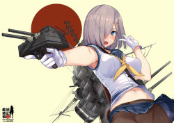 Rule 34 | 10s, 1girl, akasaai, armpit peek, armpits, black pantyhose, blue eyes, blush, breasts, buttons, commentary request, cowboy shot, crotch seam, gloves, hair ornament, hair over one eye, hairclip, hamakaze (kancolle), highres, kantai collection, large breasts, looking at viewer, navel, neckerchief, open mouth, panties, panties under pantyhose, pantyhose, pleated skirt, school uniform, serafuku, short hair, short sleeves, silver hair, skirt, solo, underwear, upper body, v, white gloves, yellow neckerchief