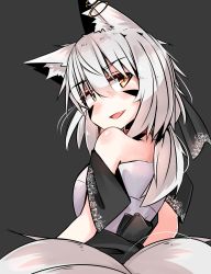 Rule 34 | 1girl, a:n (angrynum), animal ears, armchair, bad id, bad pixiv id, bare shoulders, black background, blush, chair, choker, dress, earrings, fang, fox ears, fox tail, grey hair, helena (angry num), highres, jewelry, looking at viewer, looking back, multiple tails, open mouth, original, short hair, simple background, solo, strapless, strapless dress, tail, white dress, yellow eyes
