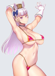 Rule 34 | 1girl, animal ears, armpits, arms up, bangs, bare shoulders, bikini, black choker, blunt bangs, bow, breasts, choker, cleavage, closed mouth, collarbone, ear covers, ear ribbon, eyebrows visible through hair, gloves, gold ship, hat, highres, horse ears, horse girl, horse tail, large breasts, long hair, minazuki juuzou, navel, purple eyes, red bikini, silver hair, smile, solo, standing, swimsuit, tail, umamusume, white gloves