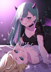 Rule 34 | 2girls, absurdres, aizawa ema, akashi (4kc 27), angel, angel and devil, angel wings, bare shoulders, bed, black choker, black dress, black horns, black vs white, black wings, blonde hair, blue eyes, blush, breasts, choker, cleavage, colored inner hair, commentary, demon girl, demon horns, demon wings, dress, ear piercing, earrings, feathered wings, girl on top, green hair, hair behind ear, hand on another&#039;s arm, highres, horns, jewelry, large breasts, long hair, looking at viewer, lying, mole, mole on breast, multicolored hair, multiple girls, on back, parted lips, piercing, purple eyes, purple hair, purple horns, purple wings, short sleeves, smile, swept bangs, virtual youtuber, vspo!, white dress, white wings, wings, yakumo beni, yuri