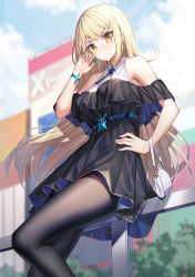 Rule 34 | 1girl, bag, bare shoulders, black dress, black pantyhose, blonde hair, blue sky, blurry, blurry background, breasts, closed mouth, cloud, commentary request, day, depth of field, dress, feet out of frame, hand on own hip, hand up, handbag, highres, large breasts, long hair, looking at viewer, mythra (massive melee) (xenoblade), mythra (xenoblade), off-shoulder dress, off shoulder, on railing, outdoors, pantyhose, railing, ririko (zhuoyandesailaer), sitting, sky, solo, v-shaped eyebrows, very long hair, xenoblade chronicles (series), xenoblade chronicles 2