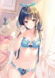 Rule 34 | 1girl, absurdres, bare shoulders, blue panties, bow, bra, brown eyes, brown hair, collarbone, dress, fingernails, frills, hair bow, highres, indoors, jewelry, long hair, looking at viewer, miwabe sakura, nail polish, navel, necklace, open mouth, original, panties, scan, simple background, solo, stomach, underwear