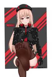 Rule 34 | 1girl, beret, blonde hair, feet, gloves, goddess of victory: nikke, hand on own chest, hat, highres, jacket, light blush, long hair, looking at viewer, necktie, rapi (nikke), see-through, see-through legwear, sitting, smile, soles, toes