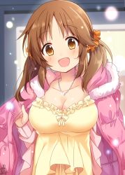 Rule 34 | 1girl, :d, blush, breasts, brown eyes, brown hair, cleavage, collarbone, dress, fur-trimmed jacket, fur trim, hair ornament, hair scrunchie, head tilt, heart, heart necklace, idolmaster, idolmaster cinderella girls, jacket, jewelry, large breasts, long hair, long sleeves, looking at viewer, necklace, omuretsu, open clothes, open jacket, open mouth, orange scrunchie, parted bangs, pink jacket, scrunchie, signature, smile, solo, totoki airi, twintails, upper body, yellow dress