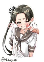 Rule 34 | 1girl, arms behind back, ayanami (kancolle), black ribbon, blush, brown eyes, brown hair, censored, closed mouth, ebifurya, erection, hair ribbon, heart, heart-shaped pupils, highres, kantai collection, long hair, motion lines, neckerchief, penis, penis on face, ribbon, sailor collar, school uniform, serafuku, shirt, short sleeves, side ponytail, simple background, sleeve cuffs, solo focus, speech bubble, spoken heart, symbol-shaped pupils, tongue, tongue out, twitter username, upper body, white background, white shirt