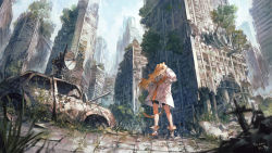 Rule 34 | 1girl, abandoned, absurdres, animal ears, black shorts, blonde hair, blue sky, blurry, blurry foreground, boots, building, car, cloud, cloudy sky, commentary request, commission, day, depth of field, floating hair, highres, jacket, long hair, motor vehicle, original, outdoors, overgrown, ruins, satellite dish, short shorts, shorts, signature, skeb commission, sky, solo, standing, tail, tree, very long hair, white jacket, yanyan (shinken gomi)