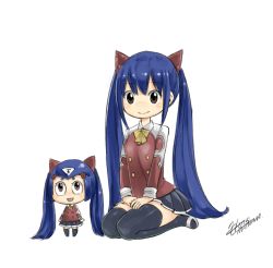Rule 34 | 1girl, black skirt, black thighhighs, blue hair, blush, bow, breasts, brown eyes, crossover, eden&#039;s zero, fairy tail, female focus, full body, hair between eyes, hair ornament, long hair, long sleeves, long twintails, looking away, mashima hiro, official art, pino (eden&#039;s zero), pleated skirt, red shirt, shiny skin, shirt, shoes, simple background, sitting, skirt, small breasts, smile, thighhighs, twintails, wendy marvell, white background, yellow bow