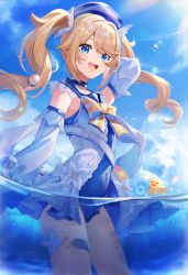 Rule 34 | 1girl, :d, arm up, barbara (genshin impact), barbara (summertime sparkle) (genshin impact), bare shoulders, beach, bird, blonde hair, blue eyes, blue sky, bow, bowtie, covered navel, detached sleeves, docozi, dress, drill hair, duck, frilled skirt, frills, genshin impact, hat, highres, long sleeves, one-piece swimsuit, open mouth, sailor collar, sailor dress, sailor hat, skirt, sky, smile, solo, standing, sunlight, swimsuit, thighlet, twin drills, twintails, water, yellow bow