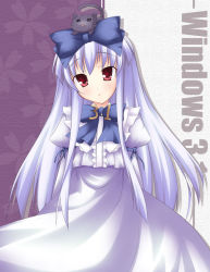 Rule 34 | 1girl, 3.1-tan, :o, animal, animal on head, blue bow, blush, bow, cat, cat on head, cowboy shot, dress, hair bow, head tilt, long hair, long sleeves, looking at viewer, on head, os-tan, parted lips, purple dress, red eyes, shimakaze (soundz of bell), sidelocks, silver hair, solo, very long hair