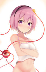 Rule 34 | 1girl, absurdres, arms under breasts, bare arms, bare shoulders, black headband, blush, camisole, collarbone, crossed arms, eyeball, hair between eyes, hair ornament, headband, heart, heart hair ornament, highres, komeiji satori, looking at viewer, navel, no panties, out-of-frame censoring, pink eyes, pink hair, pout, red eyes, short hair, simple background, third eye, touhou, upper body, utekiro, white background