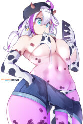 Rule 34 | 1girl, ahoge, animal print, aqua eyes, between breasts, bikini, black hat, blue overalls, booba-chan, breasts, bubble tea challenge, cellphone, commentary, cow horns, cow print, drinking straw, elbow gloves, english commentary, gloves, hair between eyes, hand in pocket, hat, highres, holding, holding phone, horns, hot vr, large breasts, long hair, multicolored hair, navel, original, overalls, pantyhose, patreon username, phone, pink pantyhose, pixiv username, print bikini, print gloves, purple hair, simple background, solo, stomach, swimsuit, thick eyebrows, two-tone hair, white background, white bikini, white gloves, white hair