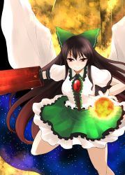 Rule 34 | 1girl, arm cannon, black hair, bow, breasts, cape, female focus, fire, hair bow, long hair, meneru, outdoors, red eyes, reiuji utsuho, sky, solo, touhou, weapon, wings